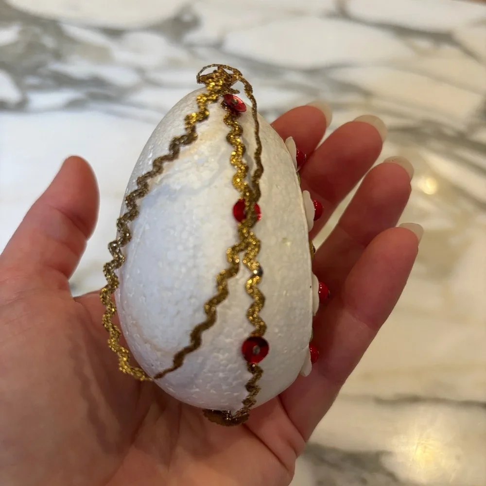 Vintage Diorama Santa Ornament White Egg Sequins Beads Retro